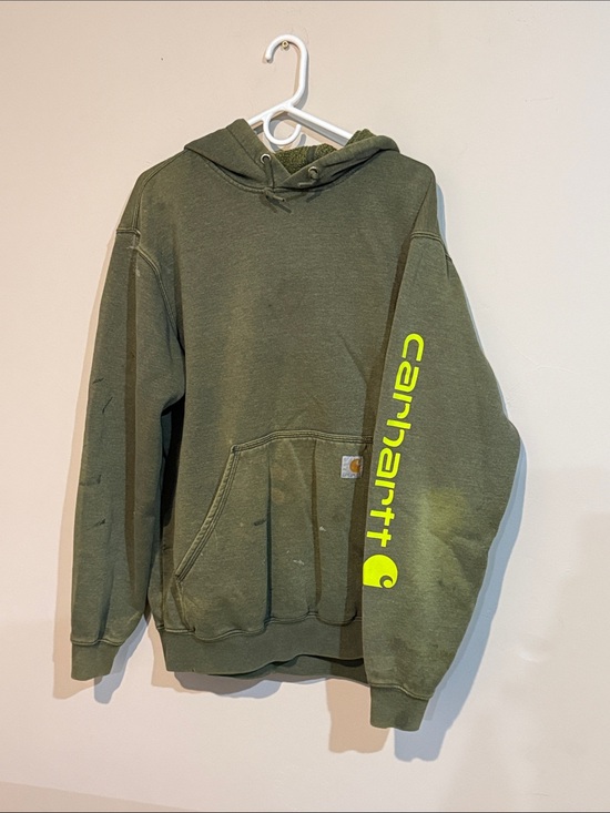 Carhartt Other - Carhartt Olive Green Crewneck Hoodie with Neon Yellow Sleeve Logo